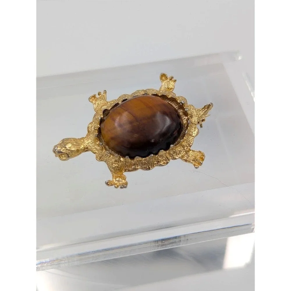 Vintage Gold‎ Tone Turtle Brooch Pin Brown Tortoise Novelty Statement